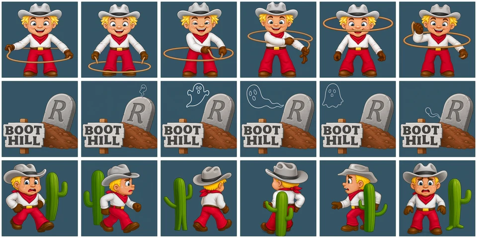 Cowboy: VIP's redrawn WIN, LOSE and TIME cartoons, six frames each