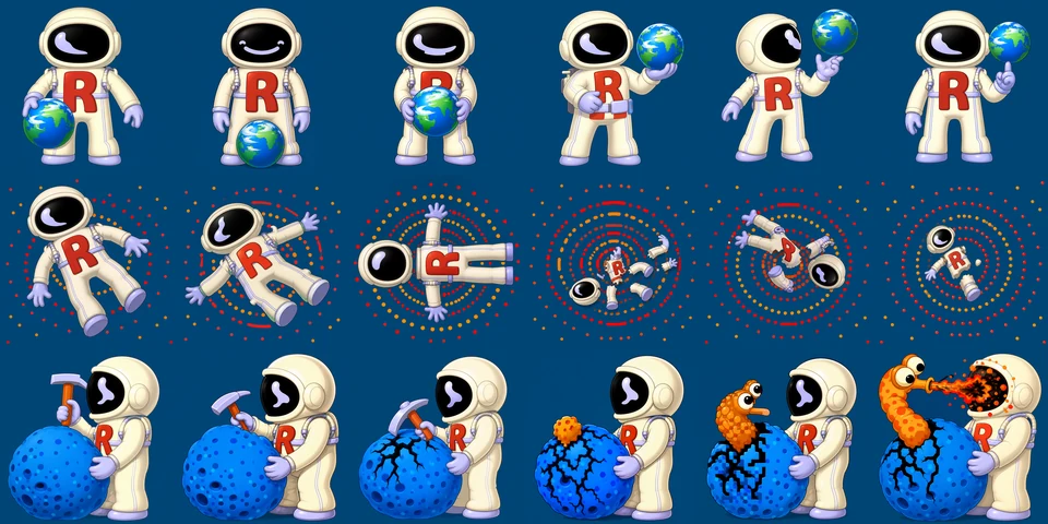 Space: VIP's redrawn WIN, LOSE and TIME cartoons, six frames each
