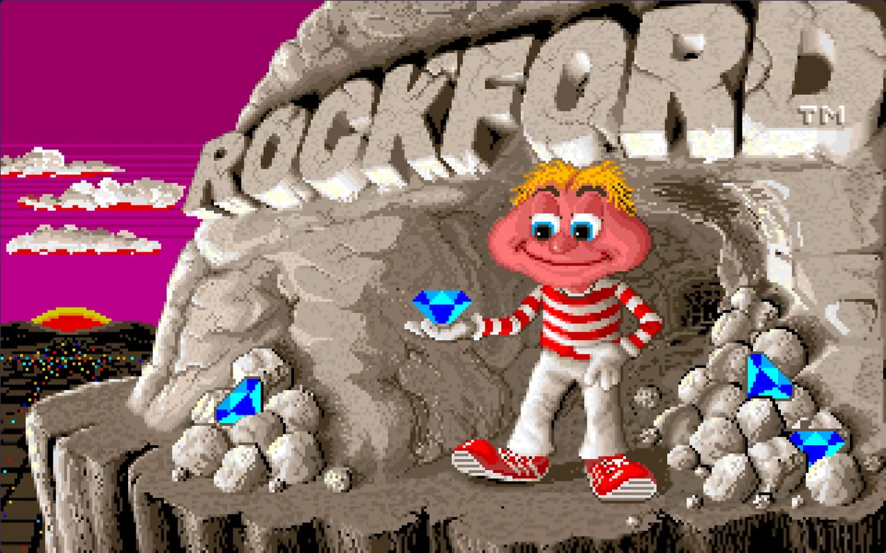 The 1988 title screen in sixteen colours, Rockford holding a gem