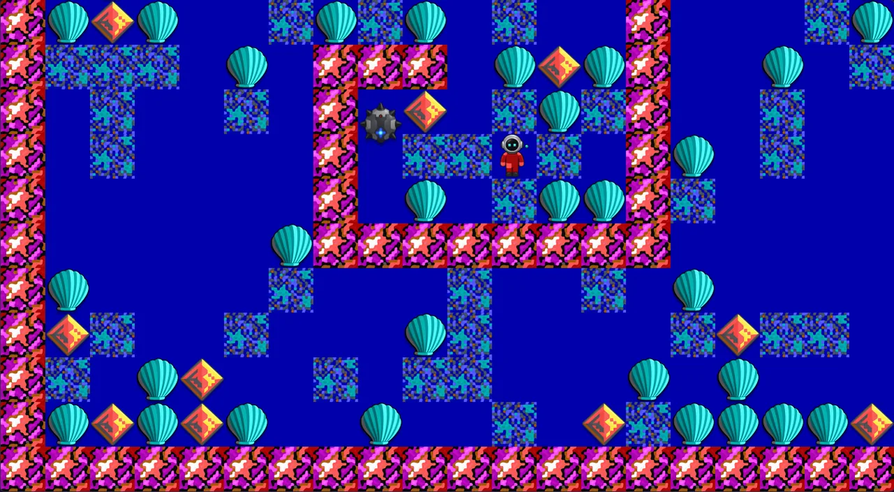 A cave in VIP's scuba world: teal shells, red and gold gems and a diver in a red suit on a deep blue seabed