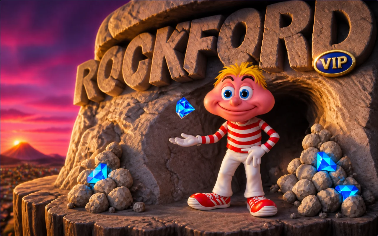 The title screen of the enhanced build: a grinning
           character standing at the mouth of a cave, with boulders and gems around him